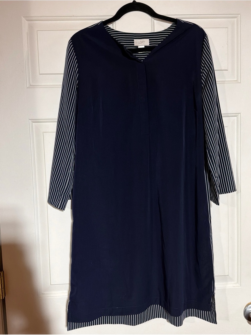 LOFT Navy Striped Sleeve Shift Dress Size L